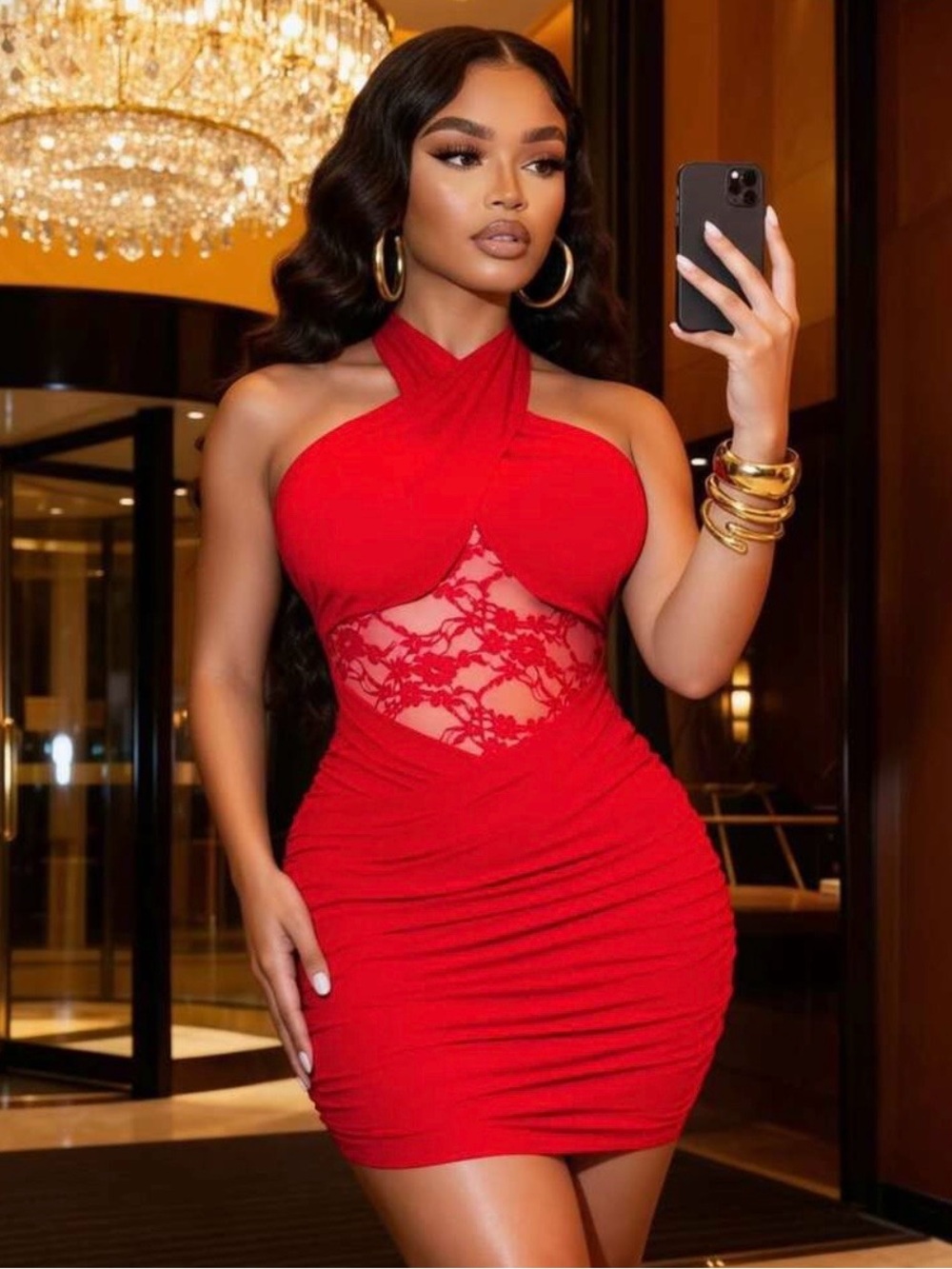 SHEIN Red Lace-Panel Halter Bodycon Mini Dress